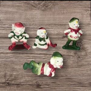 Vintage McCoy Kitschy Elf Pixie Figurines Ceramic Red And Green